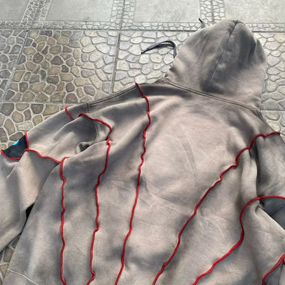 Gray hoodie with bold red stitching and drawstring hood in gothic punk eye pattern patchwork hoodies women y2k style