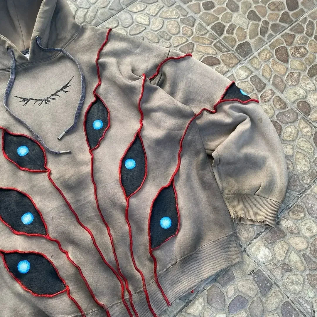Gray gothic punk eye pattern patchwork hoodie with distressed peacock design and glowing blue accents for hoodies women y2k