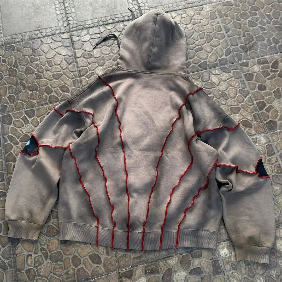 Gray hoodie with red stitching and drawstring hood in gothic punk eye pattern patchwork hoodies women y2k style