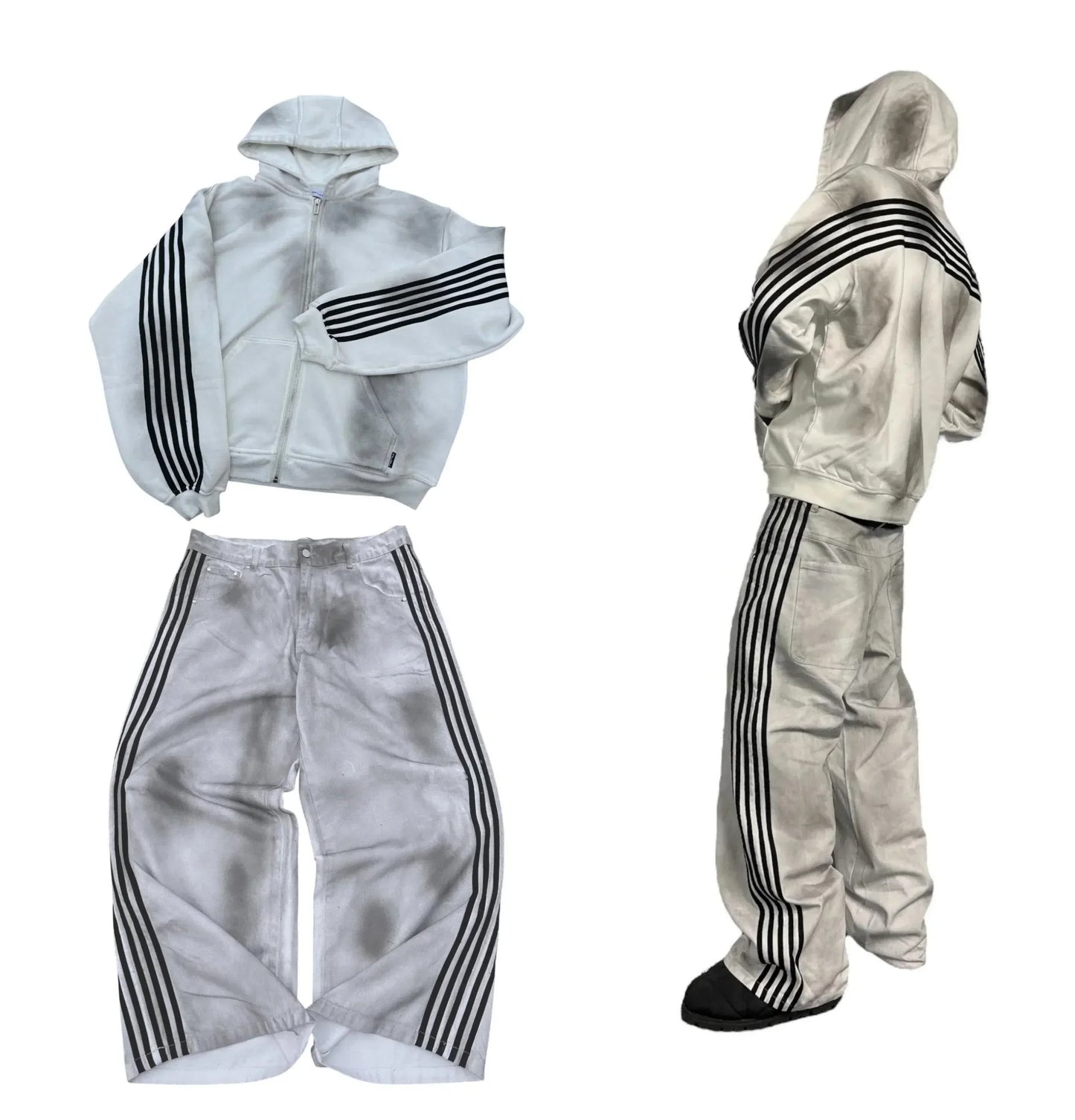 White satin gothic punk y2k hoodie two piece set with black striped embroidered zipper on sleeves and legs