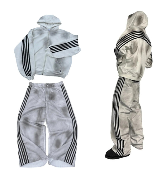 White satin gothic punk y2k hoodie two piece set with black striped embroidered zipper on sleeves and legs