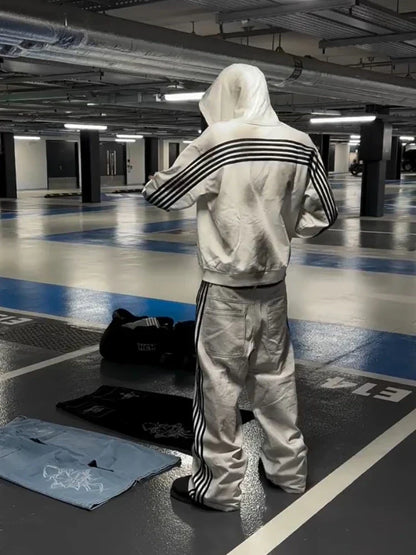A white adidas gothic punk y2k hoodie two piece set with black side striped zipper jacket and matching pants hip hop trend