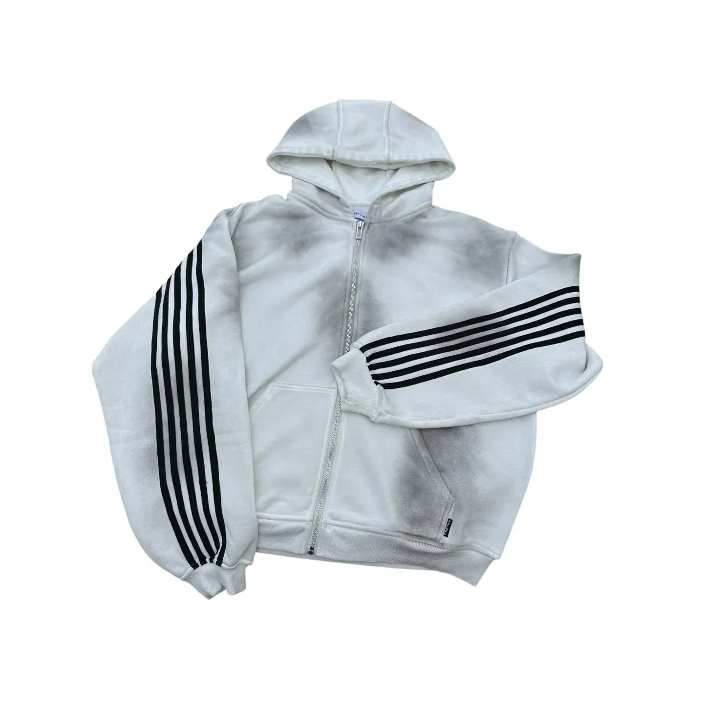 White gothic punk y2k hoodie two piece with black striped embroidered zipper and subtle tie-dye pattern on sleeves