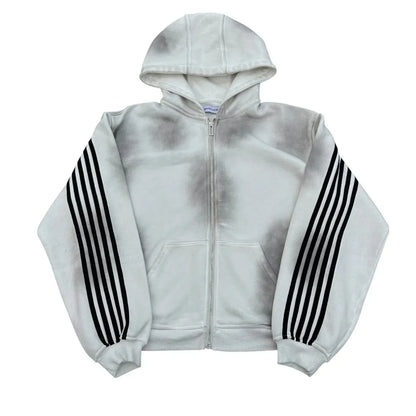 White gothic punk y2k zip-up hoodie two piece with black side stripes and subtle gray tie-dye for hip hop trend style