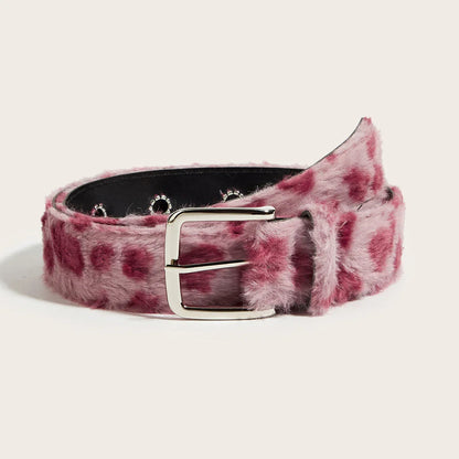 Gothic y2k women belt featuring furry pink and maroon leopard-print animal fur waistband with silver buckle