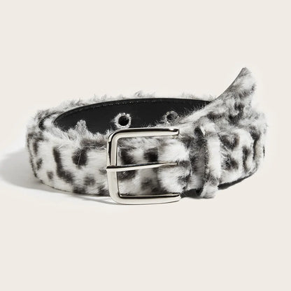 Black and white faux fur leopard print gothic y2k women belt with silver buckle animal fur waistband for hip hop style