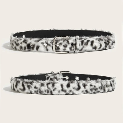 Black and white faux fur leopard print y2k women belt with silver buckle gothic animal fur waistband accessory