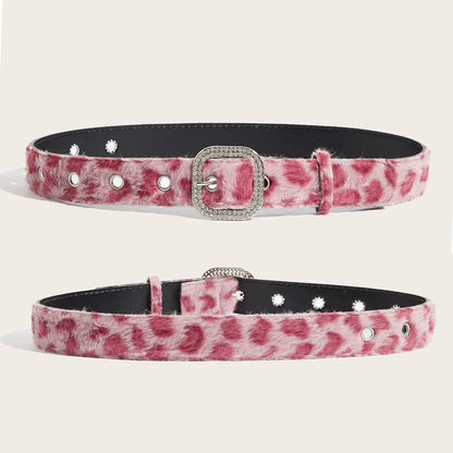 Pink leopard-print faux fur belt with silver rhinestone buckle and eyelets for gothic y2k women and animal fur waistband styles