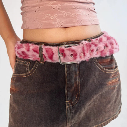 Pink leopard-print faux fur belt with silver buckle gothic y2k women animal fur waistband for punk fashion