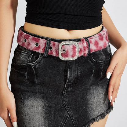 Pink leopard-print faux fur belt with sparkling silver buckle for gothic y2k women and animal fur waistband fashion