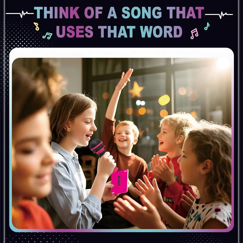 Pink rectangular card with white bingo text from grabbing mic game for singer karaoke master and family gatherings games
