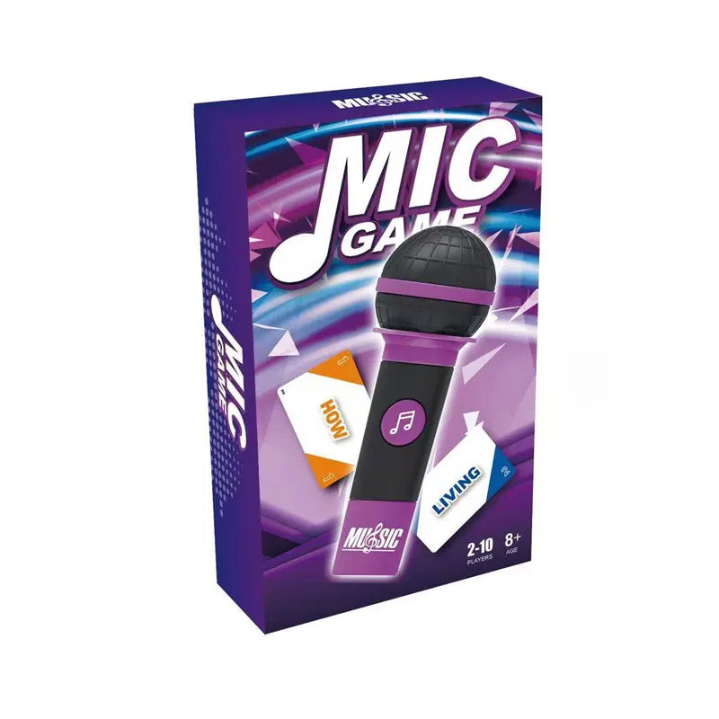 Purple and black plastic microphone-shaped game box with musical note logo for grabbing mic game and family gatherings games