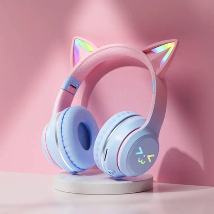 Pastel pink and light blue gradient wireless headphones with cat ear bluetooth and rainbow led microphone stereo music