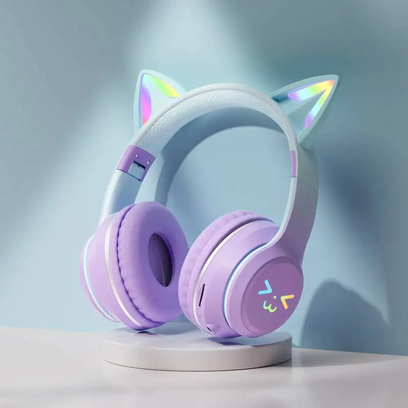 Purple cat ear bluetooth gradient wireless headphones with glowing rainbow accents and microphone stereo music features