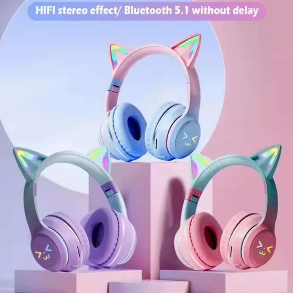 Pastel-colored gradient wireless headphones with iridescent cat ear bluetooth and microphone stereo music for girls and kids