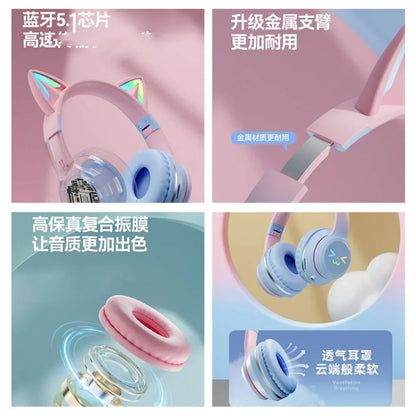 Pastel pink and light blue gradient wireless headphones with cat ear bluetooth led-lit ears and microphone stereo music features