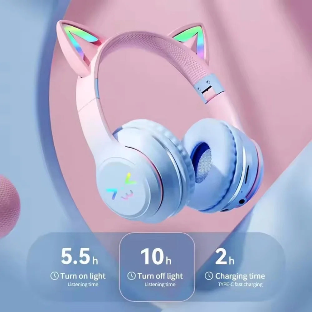 Pastel pink and light blue gradient wireless headphones with cat ear bluetooth and glowing rgb lights with microphone stereo music