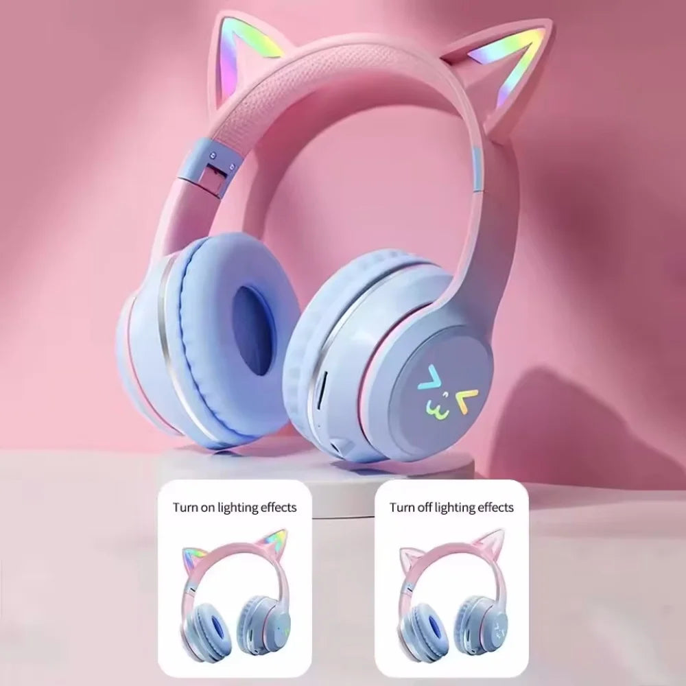 Pastel pink and light blue gradient wireless headphones with cat ear bluetooth and microphone stereo music rgb lights