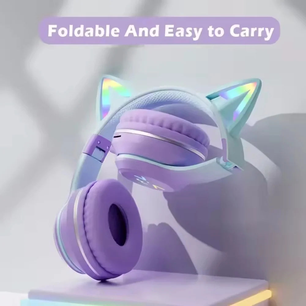 Purple gradient wireless headphones with cat ear bluetooth design microphone stereo music and soft padded headband