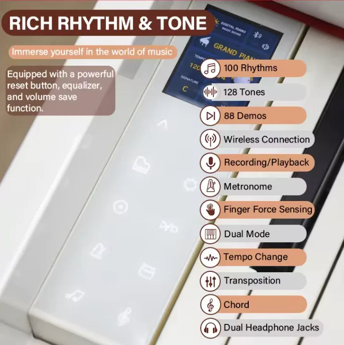 White grand piano electronic with upright digital grand design and touchscreen display for keyboard instruments professionnel