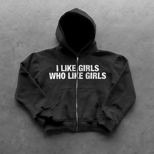 Black zip up hoodie with white graphic goth hip text i like girls who like girls for y2k american retro streetwear men zip styles