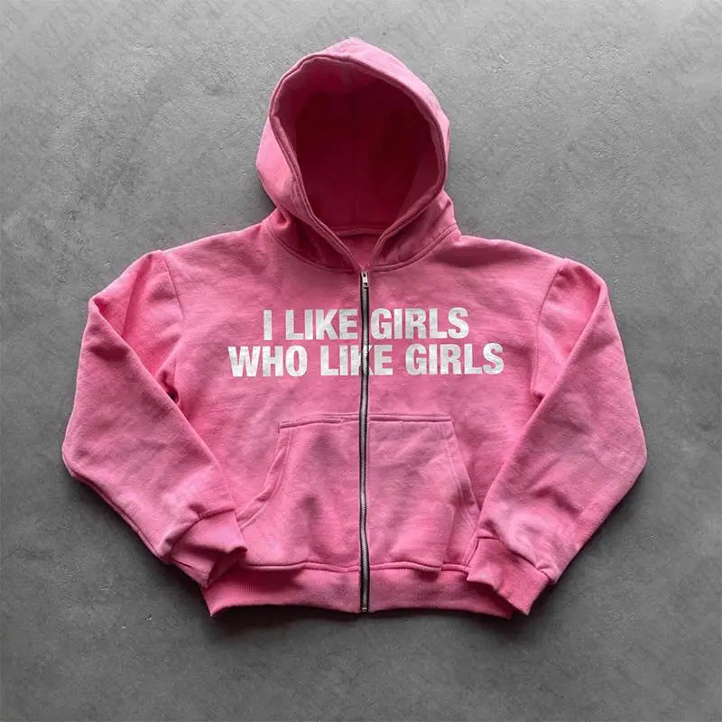 A pink zip-up hoodie with white graphic goth hip text i like girls who like girls designed for clothes streetwear men y2k american retro style