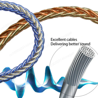 Close-up of blue and gold braided usb dac audio decoder cable showcasing internal wire for iem amp mobile use