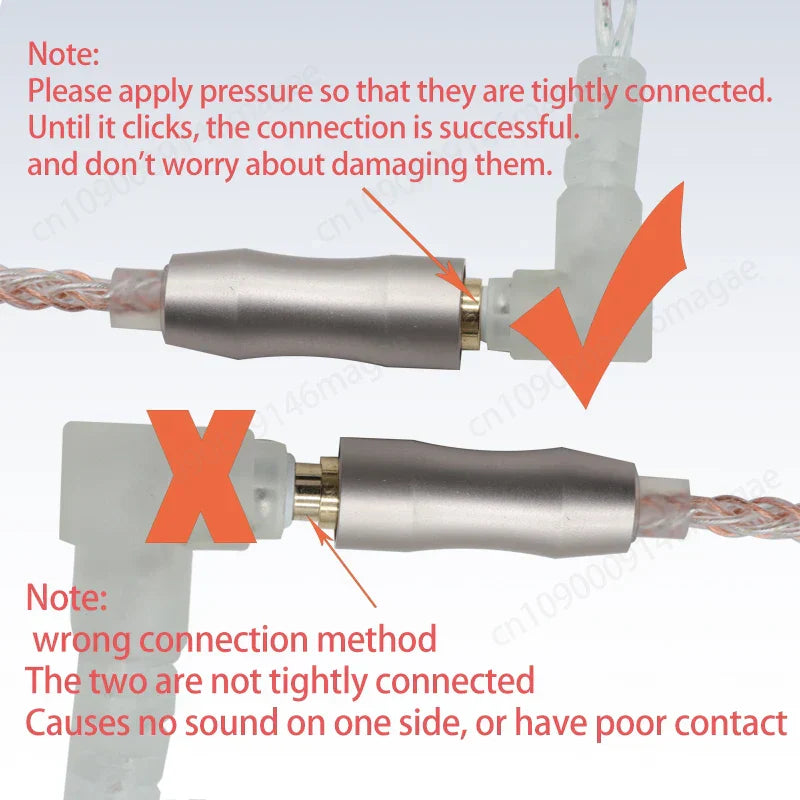 Silver metallic audio cable connectors with gold-plated fittings showing correct and incorrect connection for iem amp mobile and 5mm headphone amplifier