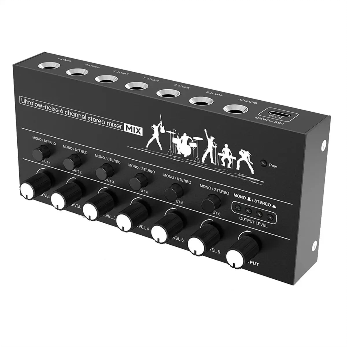 Black rectangular channel microphone mixer with six input channels and white knobs for guitar electric keyboard use