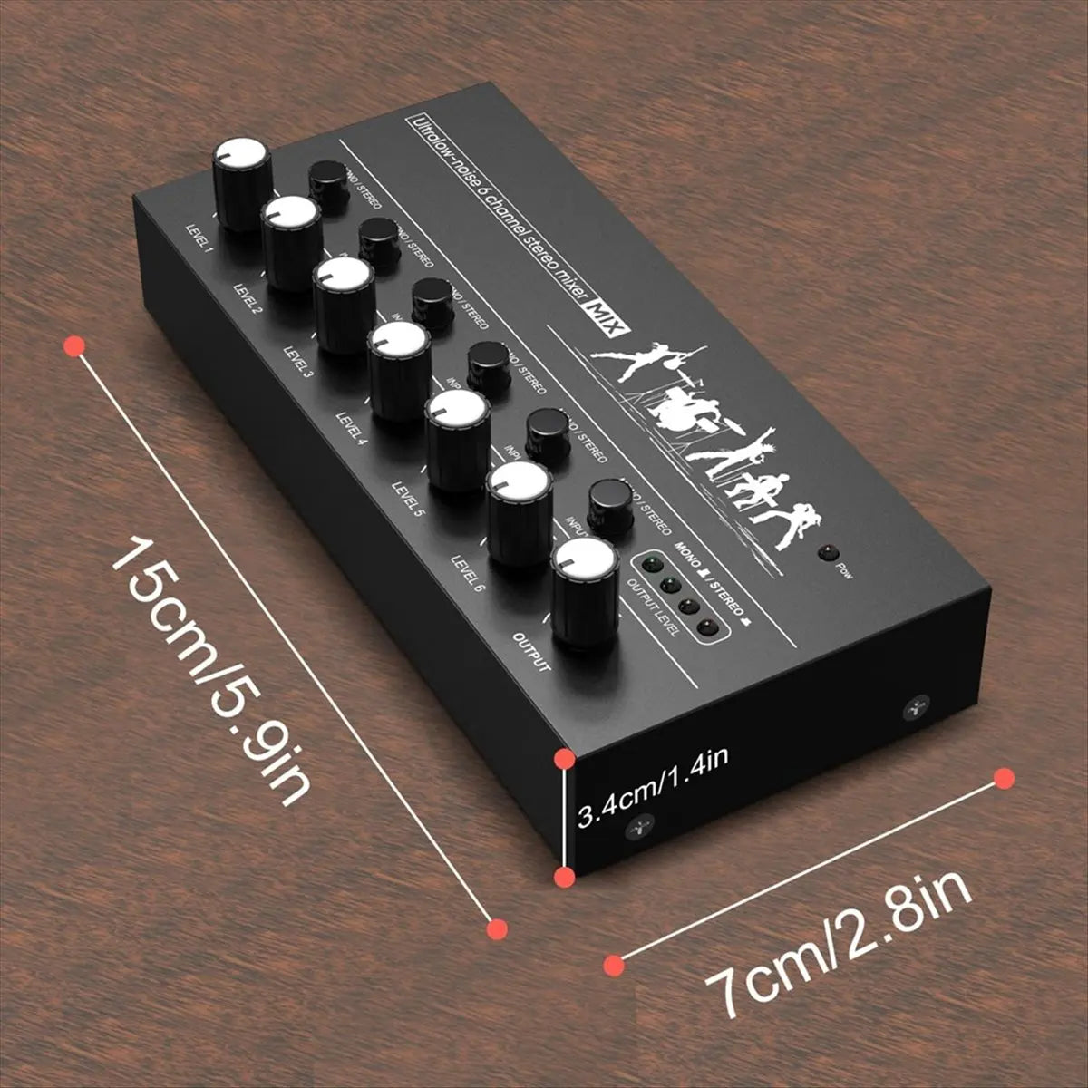 Black rectangular channel microphone mixer with six level knobs and max logo for guitar electric keyboard and amplifier speaker