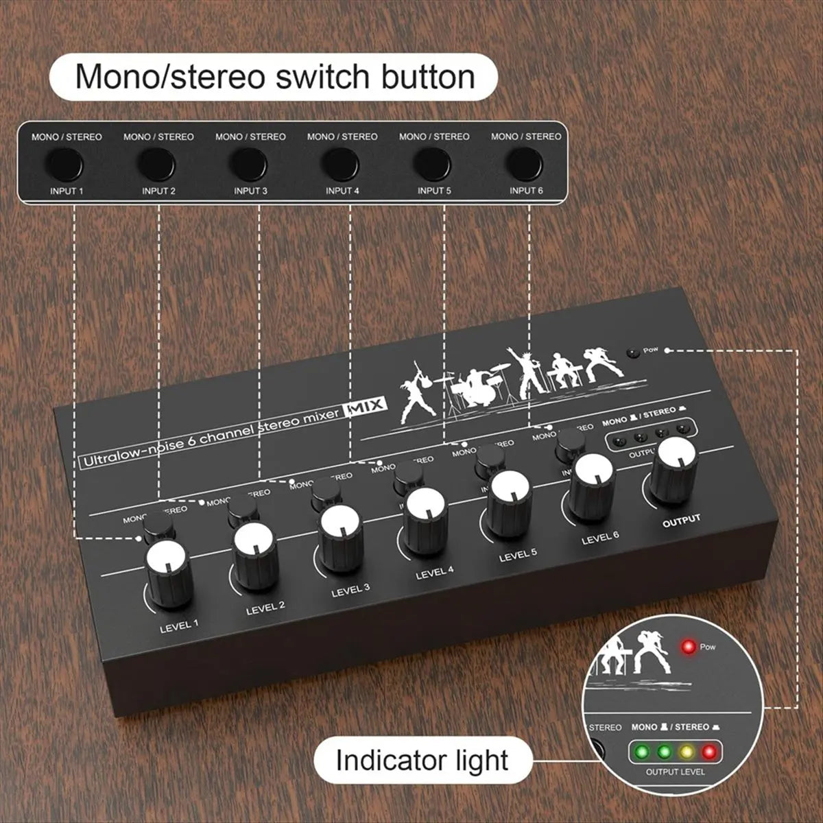 Black rectangular channel microphone mixer with six input knobs white labeling and mono stereo switch for electric keyboard amplifier