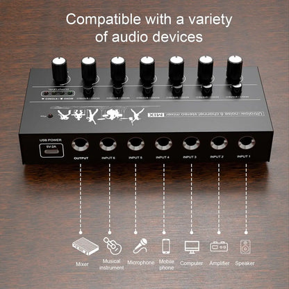 Black ultra-low noise 6-channel stereo microphone mixer instrument with six knobs for electric keyboard amplifier use