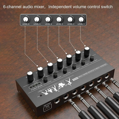 Black 6 channel audio mixer with white knobs and silver input jacks for guitar electric keyboard amplifier speaker use