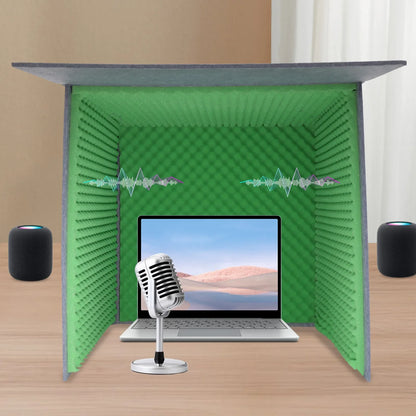Green portable soundproof booth studio with acoustic foam and gray frame desktop soundproof cover for recording and streaming