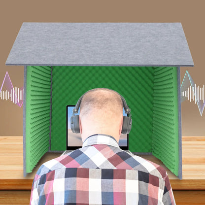 Gray and green portable soundproof booth studio with textured quilted interior for desktop soundproof cover use