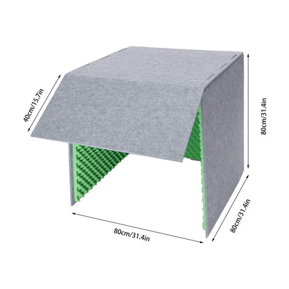 Gray felt desktop soundproof cover with green foam interior and angled roof for green portable soundproof booth studio use