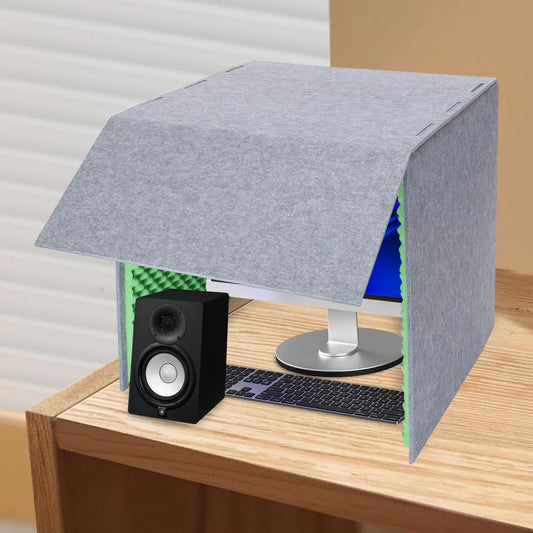 Gray felt desktop soundproof cover with green foam interior panels for soundproof booth studio use