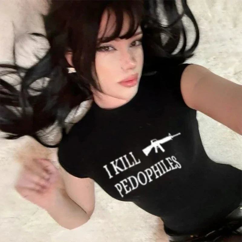Black short-sleeved womens t-shirt with white text and rifle graphic featuring hip hop y2k grunge punk sexy slim chic style