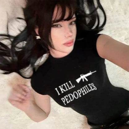 Black short-sleeved womens t-shirt with white text and rifle graphic featuring hip hop y2k grunge punk sexy slim chic style