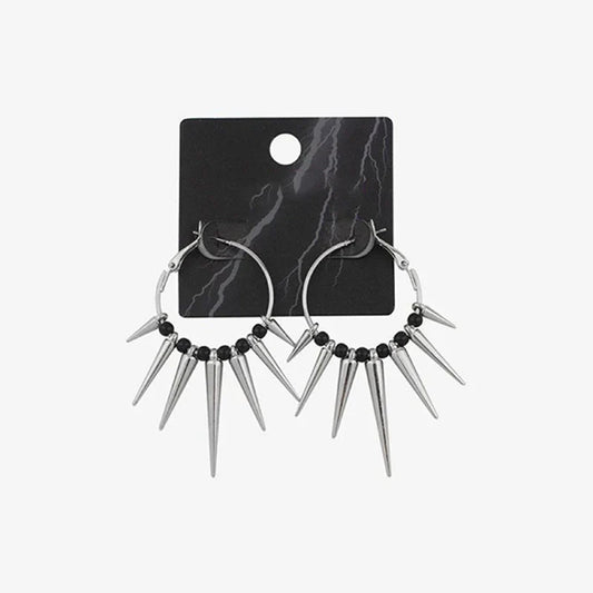 Silver hoop earrings with black beads and metallic spikes accessories rivet hoop women egirl jewelry korean earrings fashion