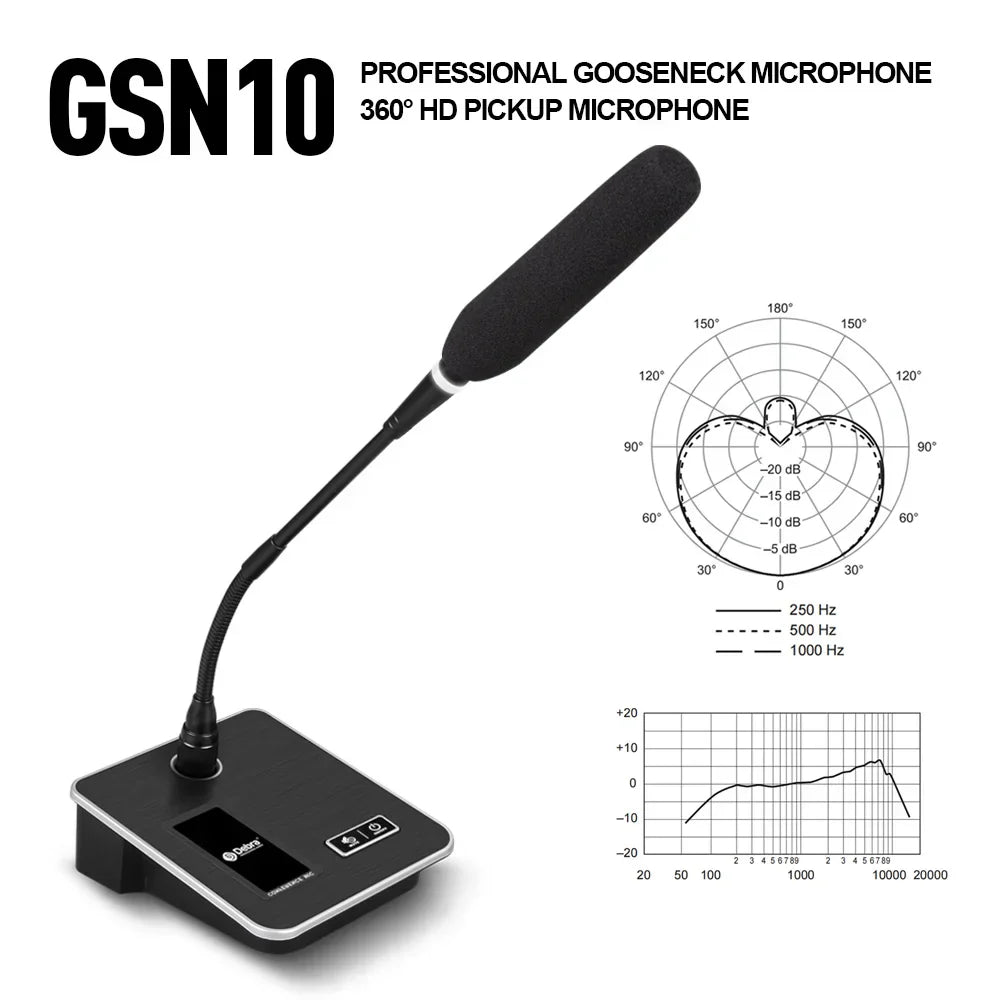 Black gsn10 professional desktop gooseneck microphone with 360° hd pickup and flexible arm for live conference recording with xlr 5v power