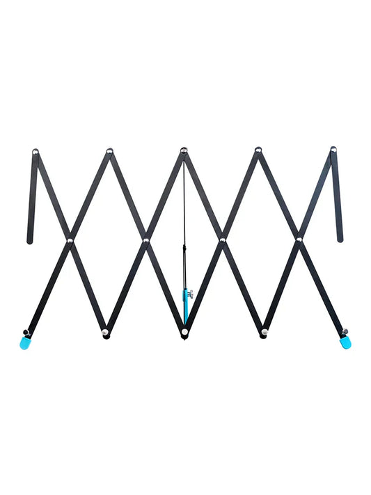 Black telescopic drying rack with blue end caps and central adjustment mechanism for portable music stand use