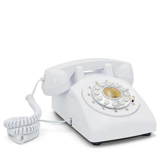 White rotary telephone with glossy finish gold numbers and emblem for guestbook audio wedding phone recording retro use