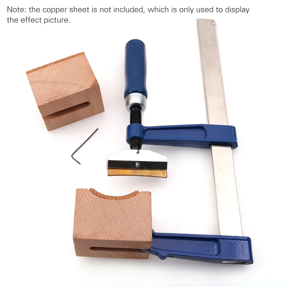 Blue-handled fret press tool with metallic adjustable arm and black screw mechanism for guitar bass fretting use