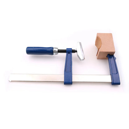 Blue plastic-handled bar clamp with silver screw for fret press tool use in guitar bass fretboard repair kit with mini hexagonal wrench