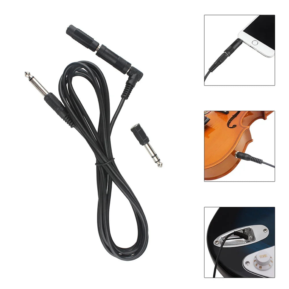 Black electric guitar audio cable with 90-degree and straight 6.35mm connectors for instrument noise reduction use