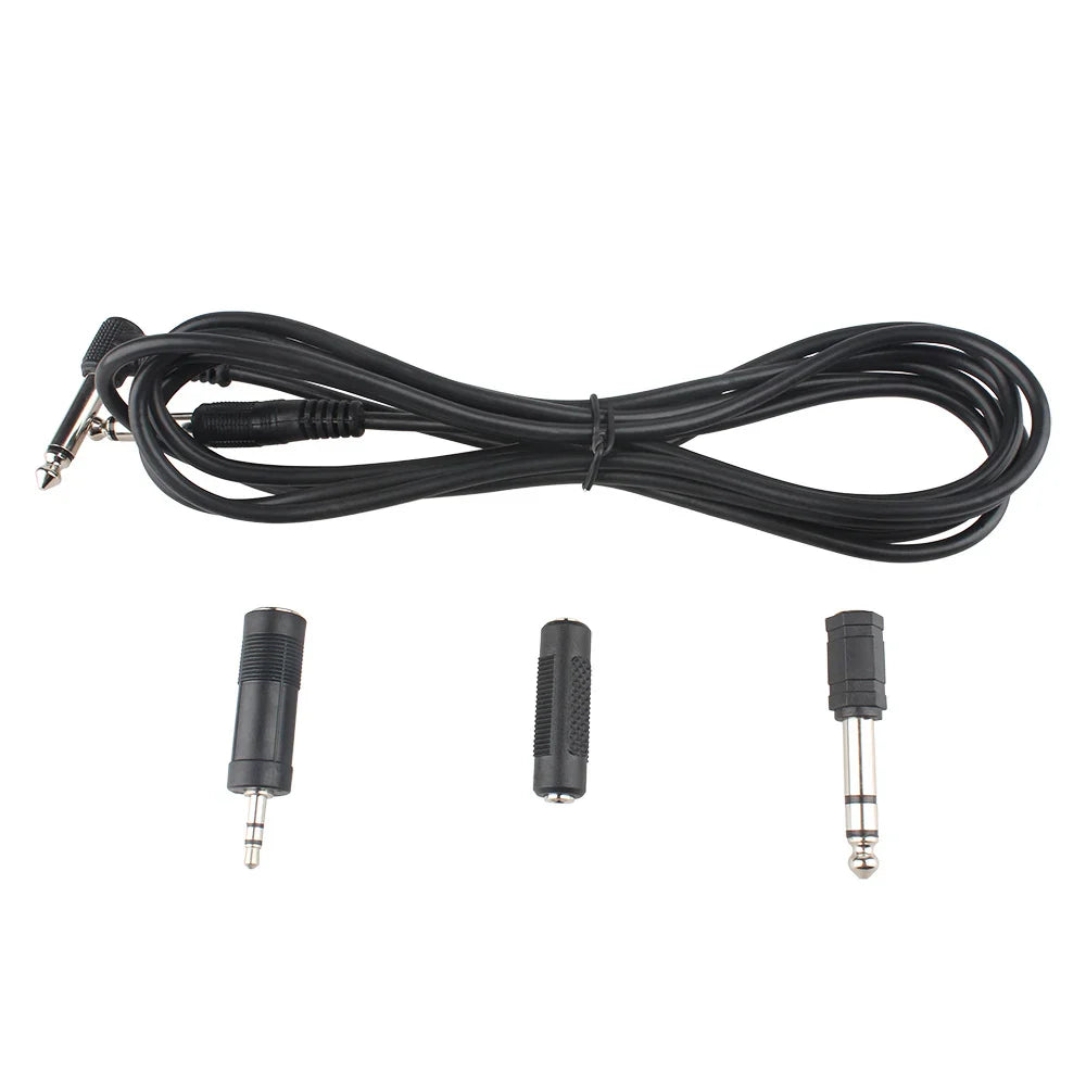 Black coiled electric guitar audio cable 3m with 6.35mm male to female jack and 3 adapter plugs including 3.5mm connector