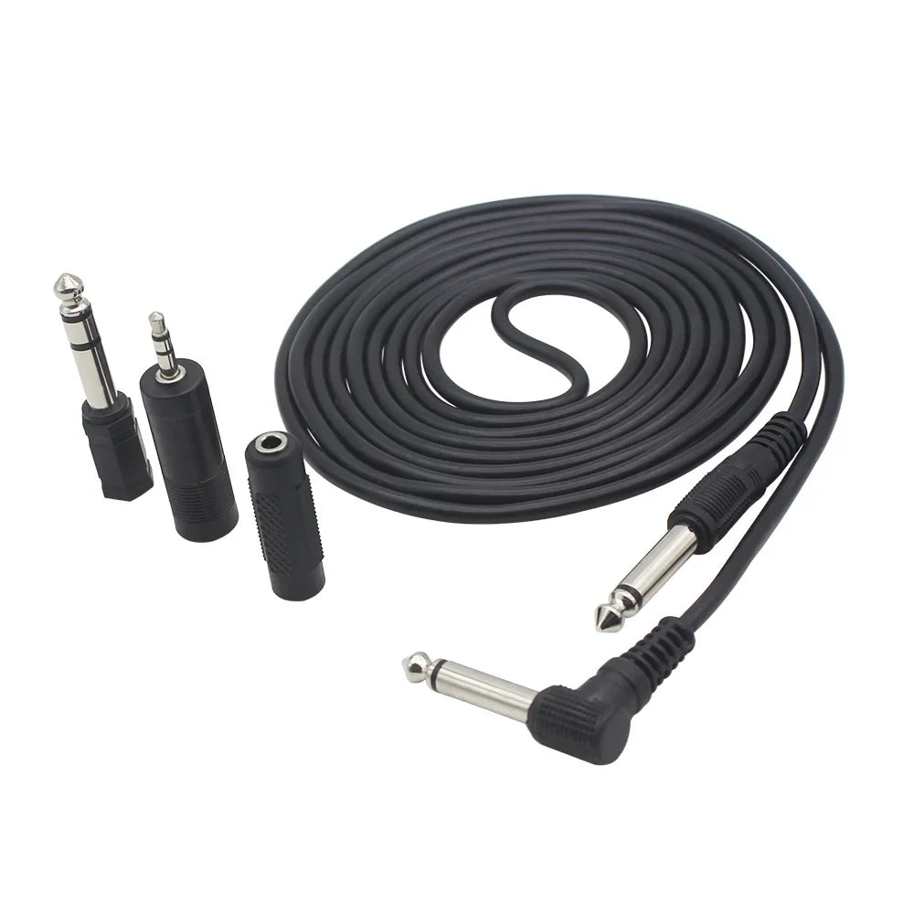 Black coiled electric guitar audio cable with silver-plated 6.35mm jacks right-angle plug and 3.5mm connector adapter set