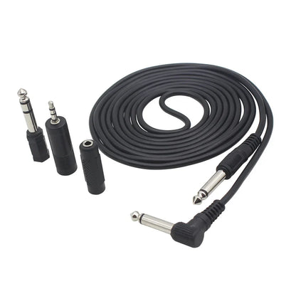 Black coiled electric guitar audio cable with silver-plated 6.35mm jacks right-angle plug and 3.5mm connector adapter set
