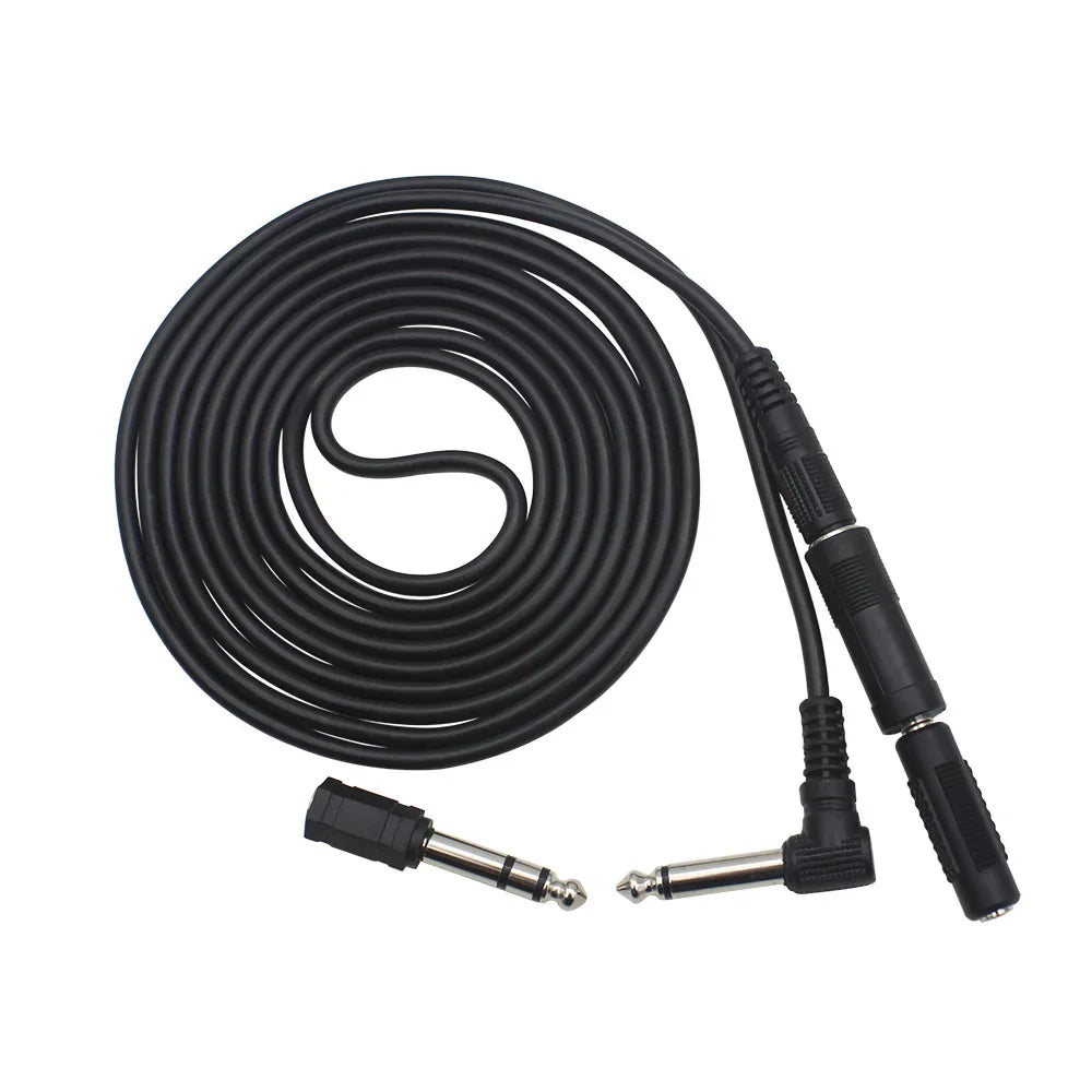 Black coiled 3m electric guitar audio cable with straight and angled 6.35mm connectors and rubberized grips